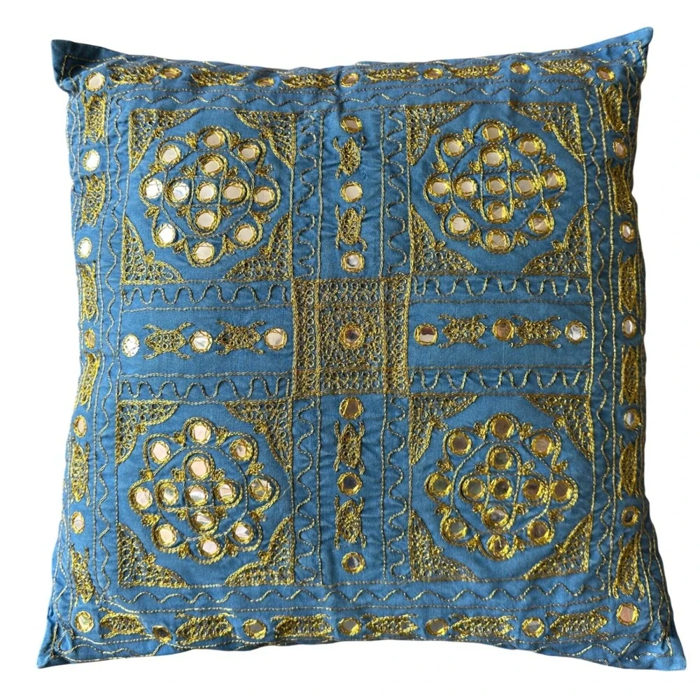 Bohemian‎ Blue Gold Embroidered Shisha Mirror Square Throw Pillow 15x15